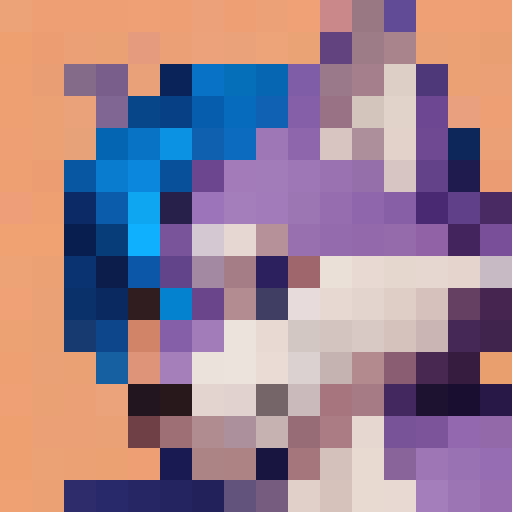 male, wolf, furry, 1boy, solo, purple fur, eyes looking at viewer, three quarter view, three-quarter view, profile picture, blue eyes, blue hair, streaked hair, face close-up, head close-up, perfect face, character, young adult, perfect anatomy, happy expression, black nose, white muzzle, orange background, simple background, upper fangs, sharp fangs, shirtless, game icon, 16x16, pixel art, close up, portrait