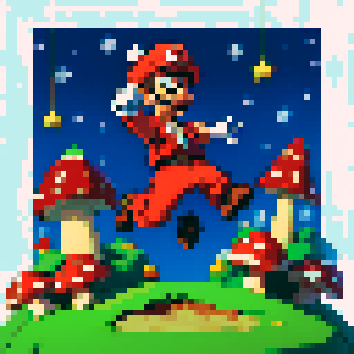 Mario from Nintendo, wearing a Santa Hat, Jumping on a mushroom. Celebrating Christmas with Luigi who is holding a star and looking at him. 