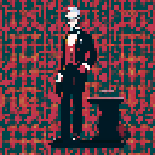 butler, formal attire, monocle, polished shoes, silver tray, vintage wallpaper, chandelier, refined posture, simple pixel art, vibrant sRGB colors, pixel art, sRGB