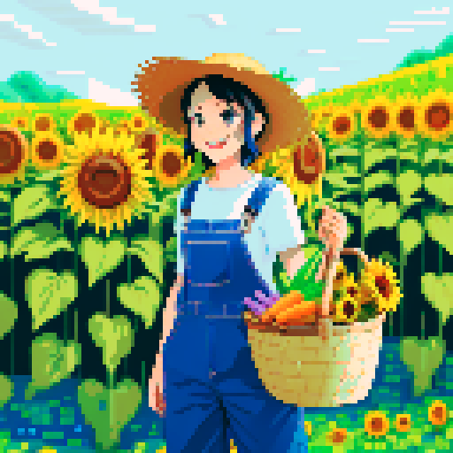 happy, female male farmer in pixel art style, black hair, surrounded by vibrant green fields, wearing worn-out denim overalls and a straw hat, holding a basket full of freshly harvested carrots and a bouquet of sunflowers, with a content smile on his face, standing next to a rustic wooden cart filled with colorful fruits and vegetables