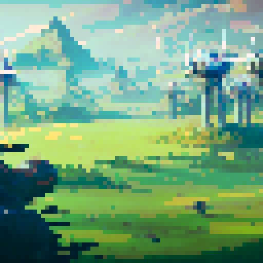 Heroes facing the sunset standing in a flourishing fields with lush greenery wind turbines and solar panels