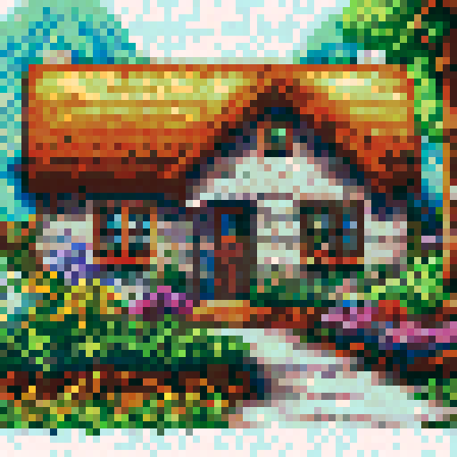 a cottage with a wildflower garden pixel art cross stitch pattern muted colors