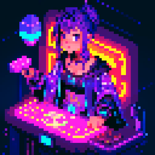 magic mage cyberpunk girl with vibrant purple hair, glowing tattoos, and a flowing cloak, surrounded by holographic neon signs and futuristic market stalls, all rendered in pixel art with a vivid sRGB color palette