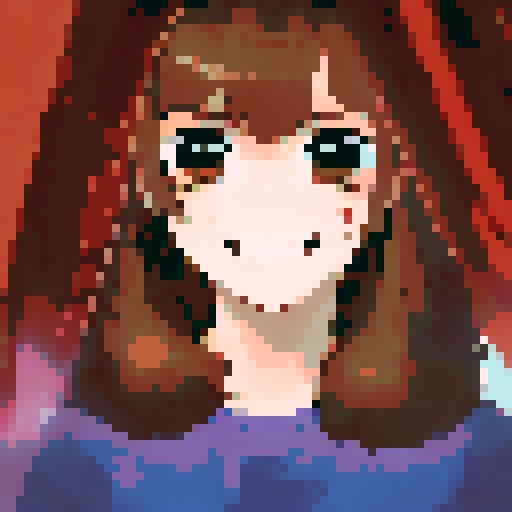 Brown and red-haired girl with a beaming smile framed by billowing blue curtains, captured in a character portrait with close-up details and an anime style, rendered in pixel art