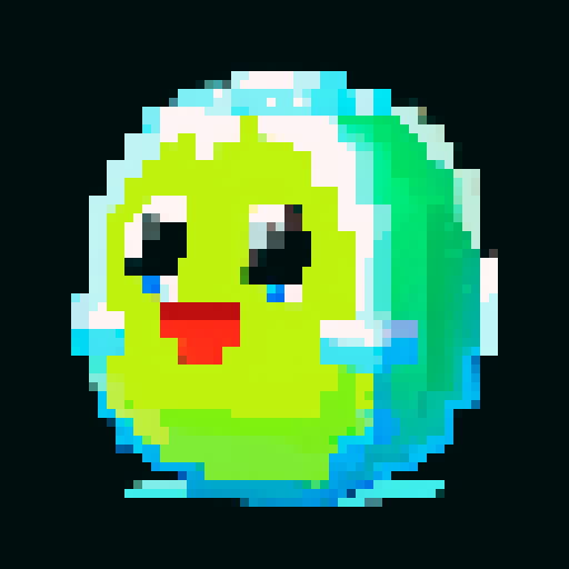 A sparkling, semi-transparent slime with a crystalline structure. It has shimmering facets, bright eyes, and a cheerful smile, with light reflecting inside. No background.
