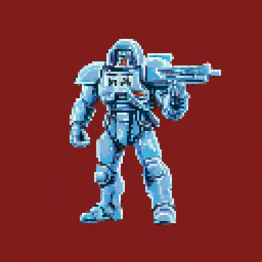 A top-to-bottom pixel-art image of a Warhammer 40,000 Imperial Space Marine in dynamic pose, with a clean white background.top-to-bottom view