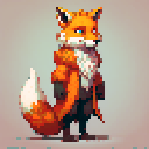 fox, pixel art, sRGB, vibrant orange, sharp triangular ears, sleek body, bushy tail, animated expression, expressive eyes, confident stance