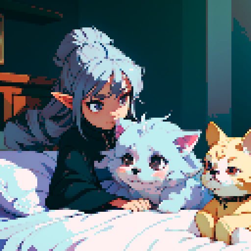 Small dog with short legs, fluffy, silver, long eyelashes, black and silver curly tail, big ears, slightly crooked jaw with a perfect nose
In bed