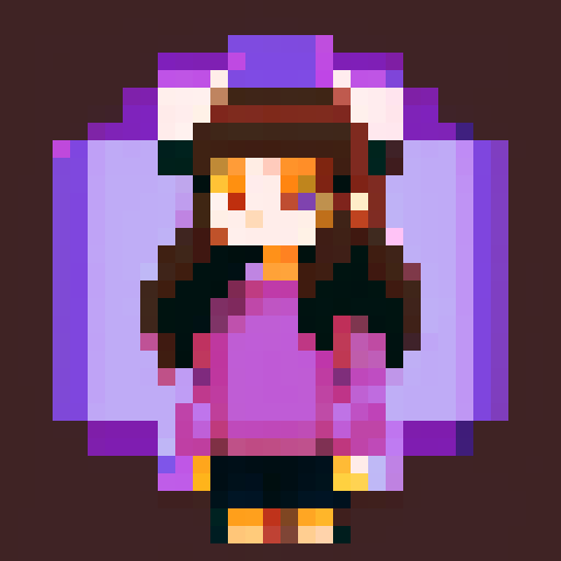 girl with long brown hair and big brown eyes, wearing an oversized purple sweater and black shorts, depicted in pixel art with vibrant sRGB colors