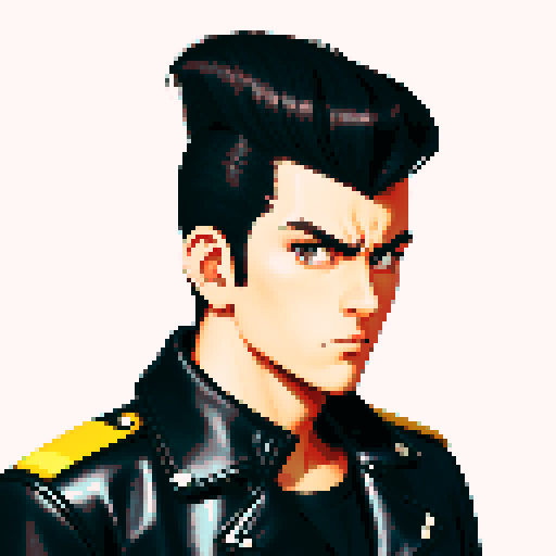 Tough Greaser wearing motorcycle jacket with pompadour hairstyle, in a semi-anime style. portrait, face avatar, sRGB colors.