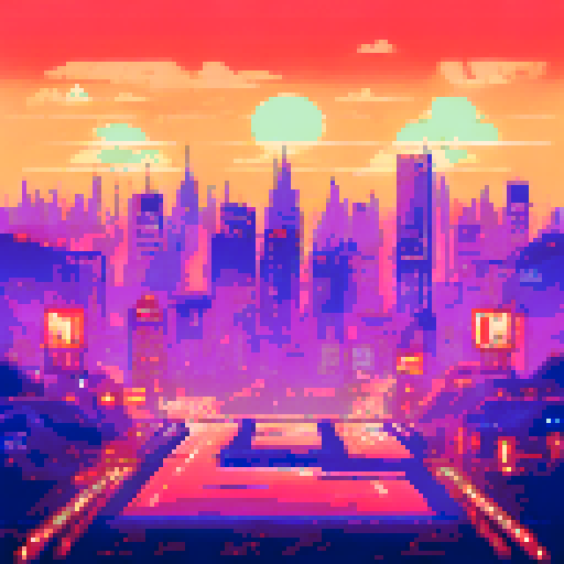 neon-tinted raindrops, liquid light ripples, puddle-covered ground, towering skyscrapers reflections, glowing signs, surreal pixel art