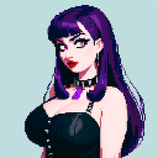 Plus size busty goth girl, with long purple hair, eyeliner, red lipstick. wearing a halter top and spiked collar. Posing for a up close face portrait.  vibrant sRGB colors, pixel art, edgy aesthetic