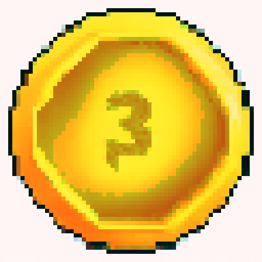 Pixelated gold retro game coin, sparkling and shimmering, surrounded by vibrant 8-bit flowers and trees, set against a nostalgic sRGB pixel art background depicting a serene and captivating landscape