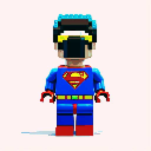 superman flying, vibrant pixelated red and blue costume, blocky lego-like figure, retro video game-inspired artwork, bold primary colors, sRGB color space