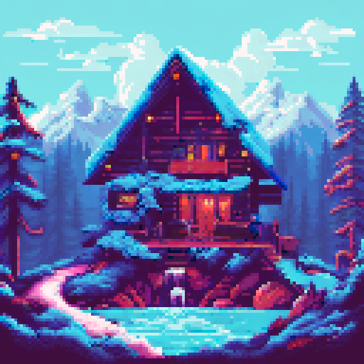 Snow-capped peaks towering over pine forests and frozen lakes, with a cozy cabin nestled in the valley, all rendered in a vibrant, pixelated art style on an sRGB background
