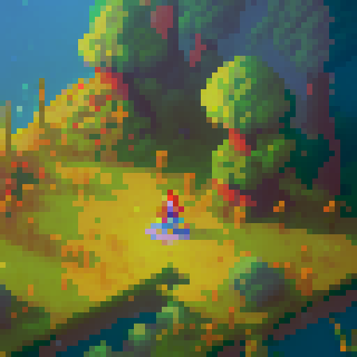 Nameless hero, armored woman, wielding a sword and shield, traversing through a vibrant forest filled with glowing mushrooms and a towering castle in the background