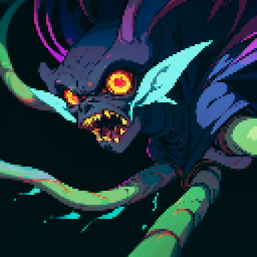 Eldritch being, cosmic tendrils, glowing eyes, twisted limbs, otherworldly colors, sRGB, pixel art