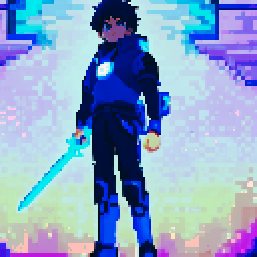young hero with blue glowing cyber sword shonen with dark hair, astralite, anime game pixel art, A vibrant and colorful RPG-style scene with Super Nintendo graphics, featuring a 16-bit color palette and a resolution of 256x224 pixels, very detailed