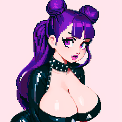 Nude portrait of thicc, curvy, and busty goth girl with studded collar, long purple hair in buns, fishnet stockings, pixel art style, sRGB color
