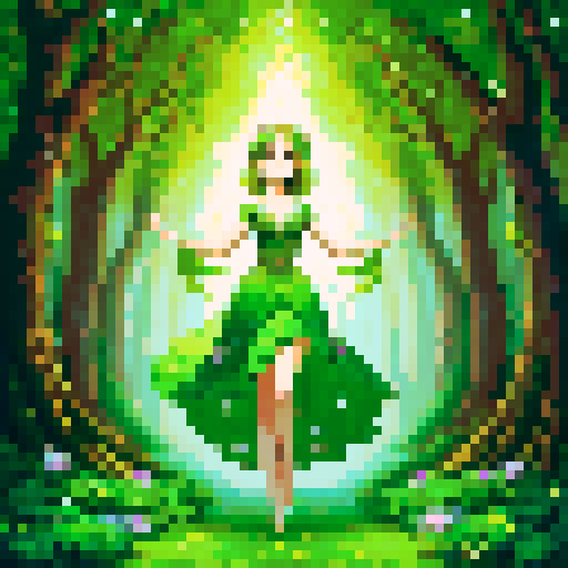 full body playful pose of a forest dryad with vibrant green foliage, shimmering ethereal glow, sparkling dewdrops on leaves, intricate bark patterns, and delicate petals floating in the air