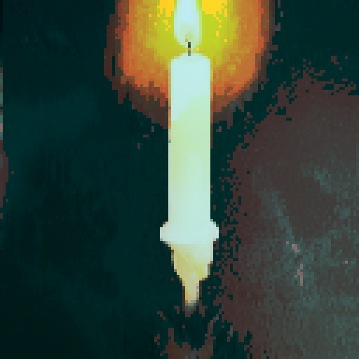 burning candle, flickering flame, vibrant orange glow, melting wax, wisps of smoke, intricate wax drips, intricate pixel art details, sharp edges, vibrant colors, contrasting black background, sRGB color space