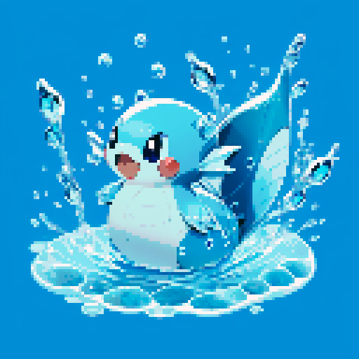 pokemon style water type starter, pixelated sprite, vibrant blue scales, aquatic creature, fins and gills, cute and friendly expression, small and compact body, water droplets splashing, shiny and reflective skin, animated waves surrounding