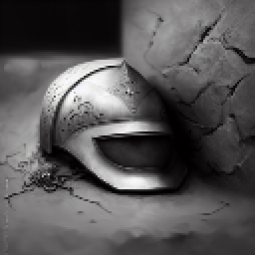 Medieval warrior's hollow helmet, black and white, embellished with intricate designs, emanating an eerie aura, set in a mystical fantasy world.