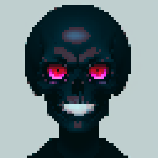 flat skull face, expressive eyes, dark colors, pixelated details, sRGB color space, blank background