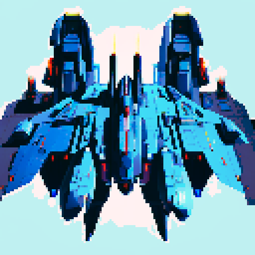 space battleship, sleek and angular, glowing blue propulsion engines, futuristic design, metallic hull with rivets, pixelated details, vibrant colors, starry background, shooting laser beams, intense action, dynamic composition, long desk, long ship