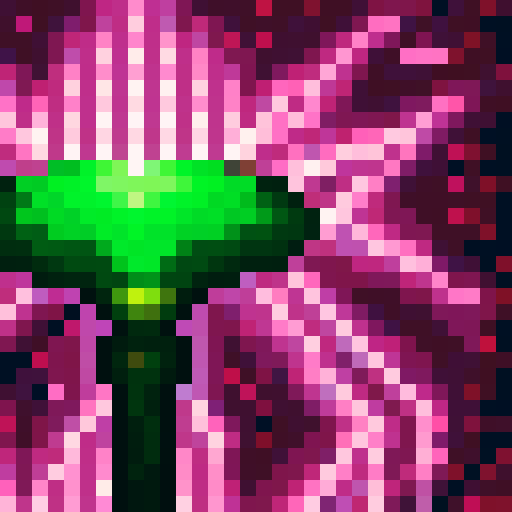 Vibrant green, swirling clouds, glowing purple crystals, and a towering mountain range in the background, all framing a close-up portrait of an alien creature with glowing red eyes and iridescent scales, set in a 32x32 pixel art style