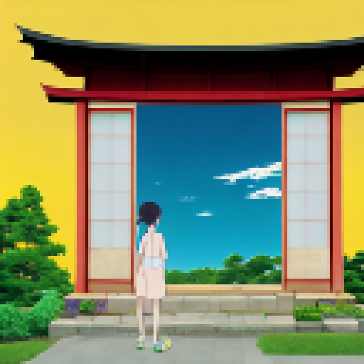 japanese Girl Stand at the second of house, near the window and she sad, with the yellow sky