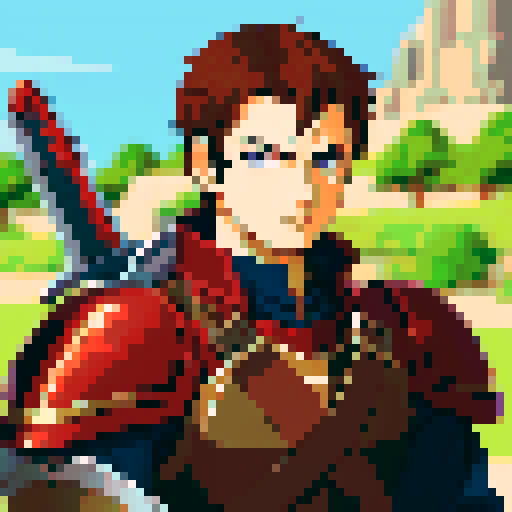 Fire emblem style soldier, stubble, brown hair, armor, sword, dragon, battlefield, pixel art, sRGB
