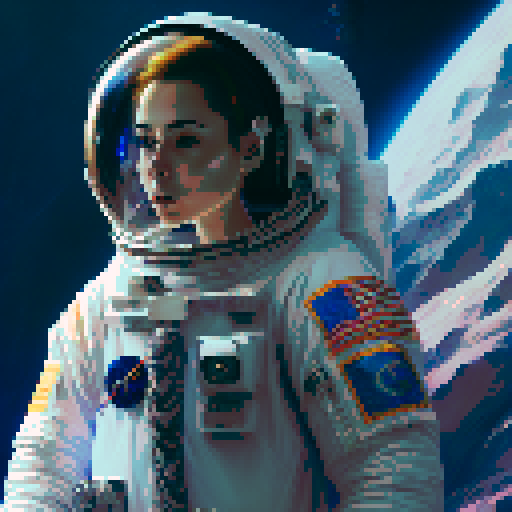 androgynous astronaut, vibrant spacesuit, floating gracefully, starry backdrop, nebula hues, pixelated stars, determined gaze, reflective clear visor, visible face, cosmic energy, self-discovery in space, sRGB, pixel art