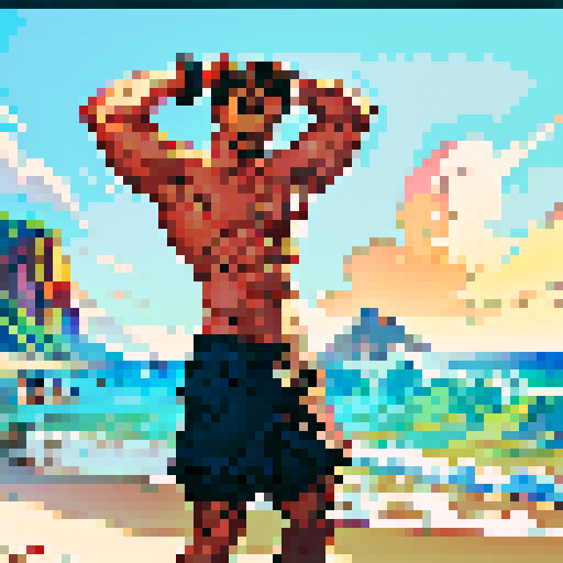 uncaring, shirtless man, flexing muscles, beach, pixel art, sRGB