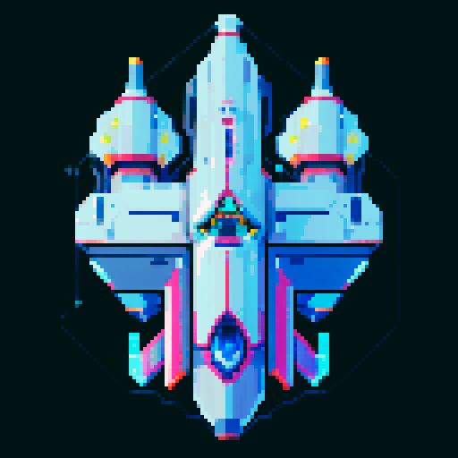 2d Spaceship in empty space, metallic exterior, retro aesthetic, pixelated details,blinking lights, wireframe outlines, geometric shapes, low-resolution textures, pixel art style, sRGB color space View from above.
shades of metallic silver and grays for the body, accented with bright blues or greens for the windows and thrusters. This palette evokes traditional, sleek, and advanced technological aesthetics.