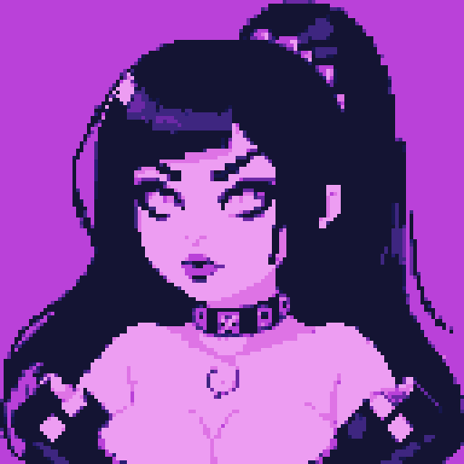 curvy, busty goth girl with black hair, purple eyeshadow, and lipstick, wearing a bikini and a studded collar, pixel art.