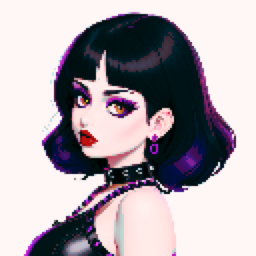 curvy, cute busty goth woman,  whole head portrait, black hair, purple eyeshadow, red lipstick, low cut black studded leather halter top, studded collar, vibrant sRGB colors.