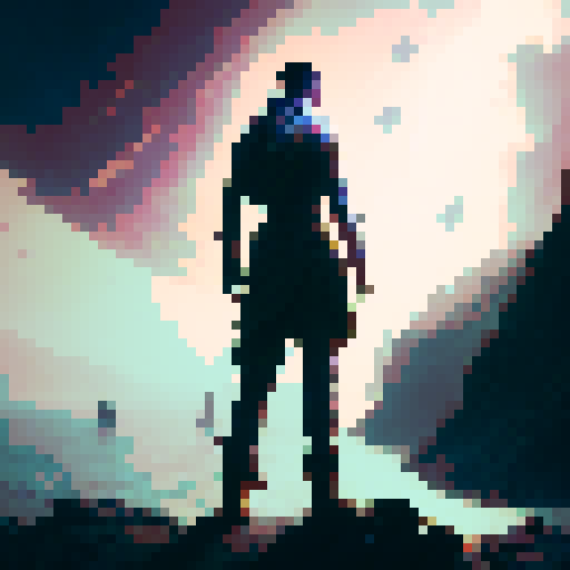 Bloodied man with gauze wrapped all around his body looking slightly down into his hand with his heart in it sitting on the cliffside looking towards the ocean with the sun setting in the distance