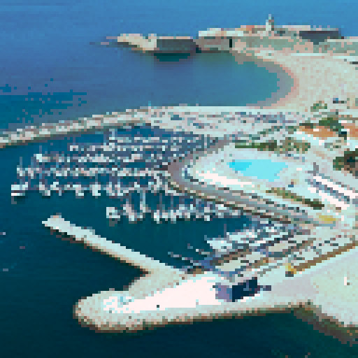 oeiras city, vibrant colors, bustling marine dock, pixelated buildings, animated waves, sun-kissed sky, sRGB palette