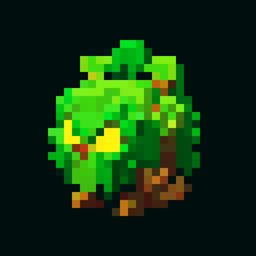 A vigilant guardian made of sturdy wood and roots, with sharp branches and glowing yellow eyes. It has a fierce expression and an imposing stance, dedicated to safeguarding the forest. No background.
