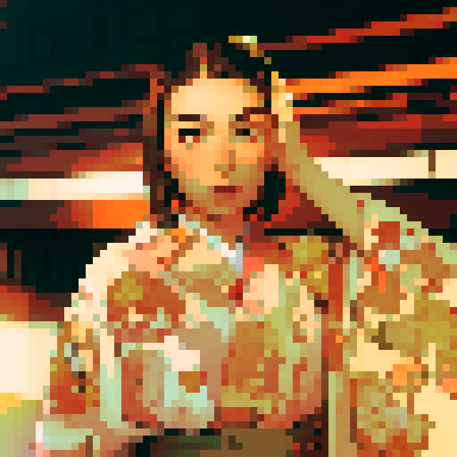 half Japanese, short brown hair, brown eyes, kimono, sRGB, pixel art