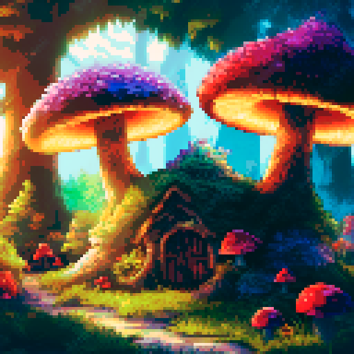 fantasy mushroom hut with fairies flying, whimsical pastel-colored leaves, light shining through trees, landscape
