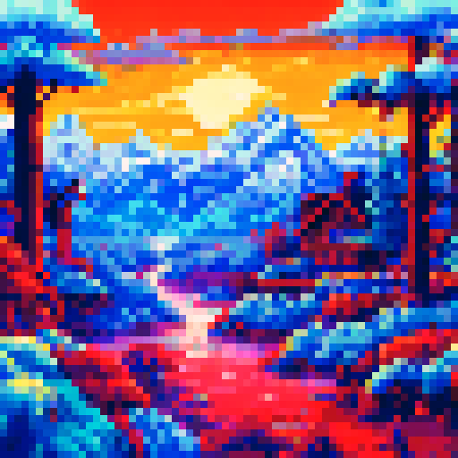 Snow-capped peaks towering over pine forests and frozen lakes, with a cozy cabin nestled in the valley, all rendered in a vibrant, pixelated art style on an sRGB background
