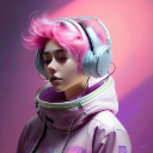 Anime girl with bubblegum pink hair and oversized headphones, dancing in a neon-lit room filled with floating holographic flowers and geometric shapes.