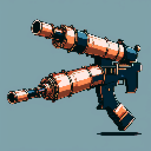 I want to see a simple copper minigun with 8 barrels floating in the center of the frame. It should have strange mechanical details that could interlock with others. I want this object usable an asset in a videogame, meaning only one object per image, outlined with a strong black stroke, on a solid-color background. 