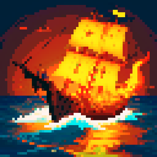 16th century cog sailing the sea on fire
