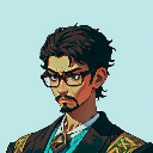 Southeast Asian man, short curly hair, round glasses, tanned, goatee, diamond shaped face, black eyes, wearing a robe