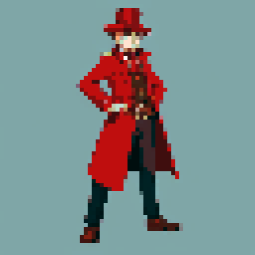 steampunk young man, red coat, red hat, 2D game stance, pixel art, sRGB