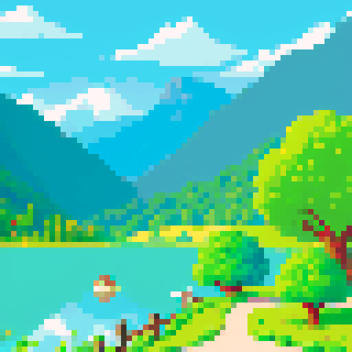 landscape with lake, trees, and mountains