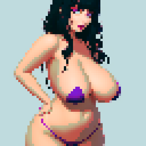 curvy, cute, goth girl, black hair, purple eyeshadow, red lipstick, Bikini. Nude glamour shot.